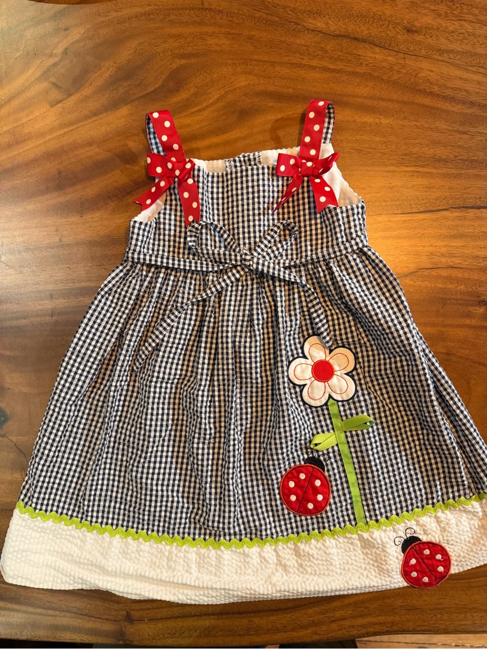 Rare Editions Navy Gingham Dress with Red Polka Dot Bows